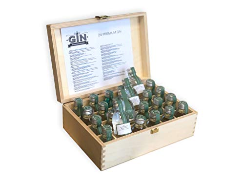 Gin-Adventskalender Exklusiv 2022 in der edlen Holz Geschenkbox ® 24 á 3 cl exklusive Ginsorten aus aller Welt von Geschenkbox