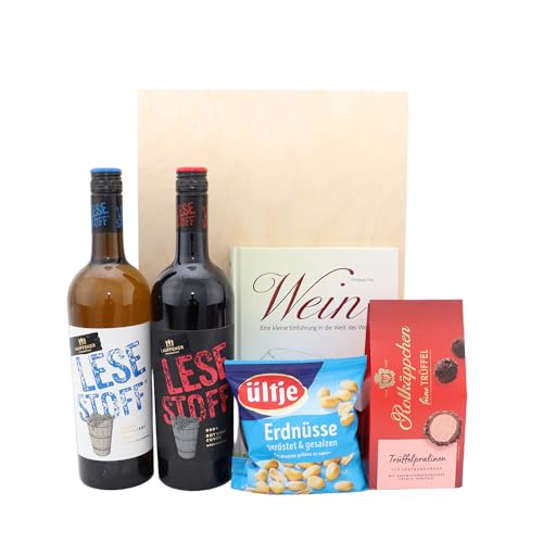 Weinkiste mit Lesestoff | Geschenkidee für Weinliebhaber und Leseratten | Schön verpackt und bereit zum Freuen von Geschenkkorb-Laden.de