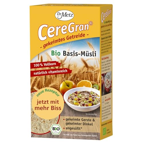 CereGran® - GEKEIMTES Müsli, Bio, 500 g • 100% gekeimte Gerste und gekeimter Dinkel • aus deutscher BIO-Landwirtschaft • reich an B-Vitaminen • Ohne Zuckerzusatz • Natürlich aromatisch • Vollkorn von Dr. Metz