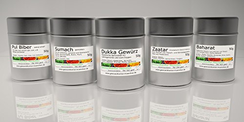 5 Dosen Afrika Gewürze Geschenk Set-2, Dukka Gewürz, Pulbiber extra scharf, Sumach gemahlen, Zatar, Baharat von Gewürzkontor München Tu´ Dir gut!