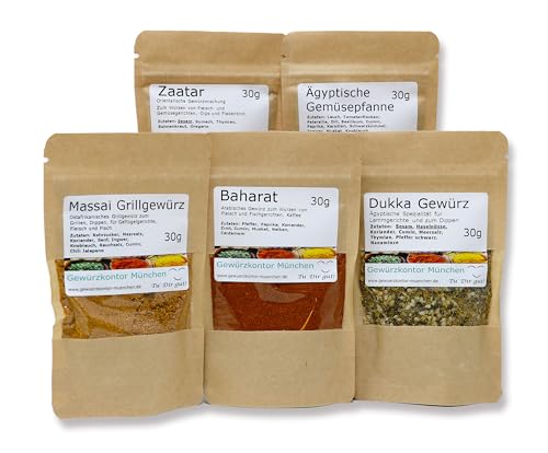Afrika Gewürze Probierset-1, Dukkah Gewürz, Masai Grillgewürz, Baharat, Zaatar, Ägyptische Gemüsepfanne Afrika Gewürze Probierset-1, Dukkah Gewürz, Masai Grillgewürz, Baharat, Zaatar, Ägyptische Gemüsepfanne von Gewürzkontor München Tu´ Dir gut!