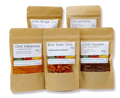Chili-Probierset-1 mit Chili Habanero, Chili Flocken mild, Bird Eyes Chili, Chili gemahlen,Chili Ringe von Gewürzkontor München Tu´ Dir gut!