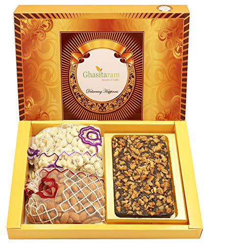 Ghasitaram Gifts Diwali Gifts Diwali Chocolates - Big Box of Walnut Chocolate Bark, Almonds and Cashews Pouch von Ghasitaram Gifts