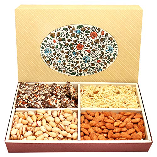 Ghasitaram Gifts Diwali Gifts Diwali Chocolates - Eco 4 Part Print Hamper Box with Almonds, Pistachios, Namkeen and English Brittles Chocolates 600 GMS von Ghasitaram Gifts