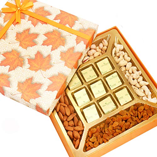 Ghasitaram Gifts Diwali Gifts Diwali Chocolates - Orange Print Dryfruits and 9 pcs Chocolates Box von Ghasitaram Gifts