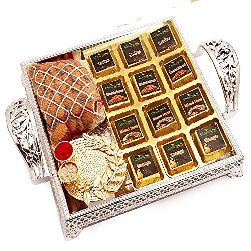 Ghasitaram Gifts Diwali Gifts Diwali Chocolates - Silver Tray with Assorted Chocolates, Almonds and Mini Pooja Thali von Ghasitaram Gifts