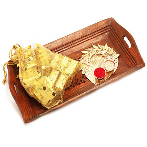Ghasitaram Gifts Diwali Gifts Diwali Chocolates - Small Wooden Serving Tray with Chocolates Pouch and Pooja Thali von Ghasitaram Gifts