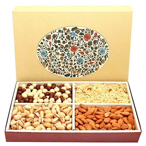 Ghasitaram Gifts Diwali Gifts Diwali Dryfruit - Eco 4 Part Print Hamper Box with Almonds, Pistachios, Namkeen and Nutties 600 GMS von Ghasitaram Gifts