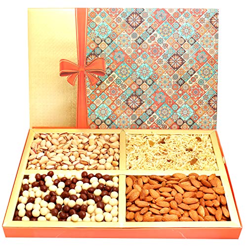 Ghasitaram Gifts Diwali Gifts Diwali Dryfruit - Printed Bow Hamper Box with Almonds, Pistachios, Namkeen and Nutties 800 GMS von Ghasitaram Gifts