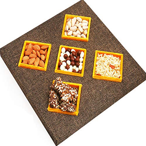Ghasitaram Gifts Diwali Gifts - Diwali Hampers Jute 5 Part Almonds, Pistachios, Nutties, Namkeen, Chocolate Fruit and English Brittles Chocolates Box von Ghasitaram Gifts