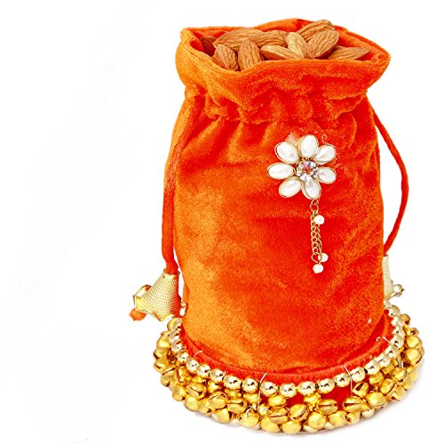 Ghasitaram Gifts Diwali Gifts Dryfruits - Orange Velvet Almond Potli von Ghasitaram Gifts