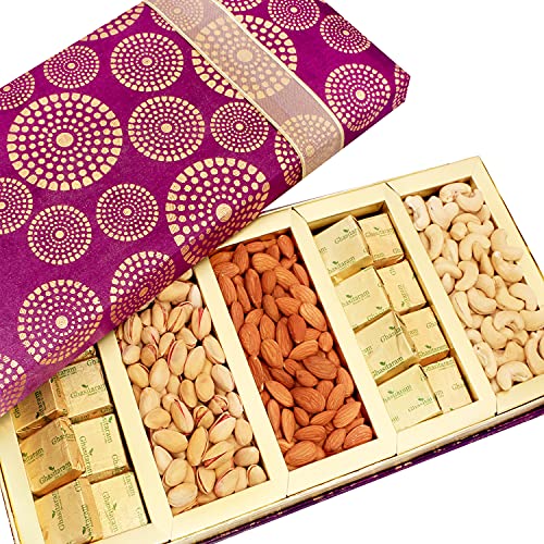Ghasitaram Gifts Diwali Gifts Satin 5 Part Dry Fruit and Chocolate Box Hamper von Ghasitaram Gifts