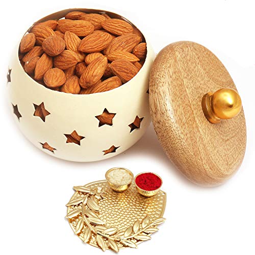 Ghasitaram Gifts Diwali Gifts - White Wooden Almonds Jar with Pooja Thali von Ghasitaram Gifts
