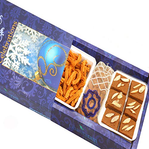Ghasitaram Gifts Indian Sweets - Diwali Gifts Diwali Hamper Sweet Hampers - Nani's Spl Besan Barfi, SOYA Sticks and Almonds Pouch Hamper von Ghasitaram Gifts