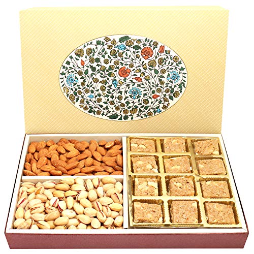 Ghasitaram Gifts Indian Sweets - Diwali Gifts - Diwali Hampers Eco Print 4 Part 12 Pcs Granola Bites,Almonds and Pistachios Hamper Box von Ghasitaram Gifts