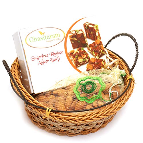 Ghasitaram Gifts Indian Sweets - Diwali Gifts - Diwali Hampers Small Cane Basket with Sugarfree Mix and Almonds Pouch von Ghasitaram Gifts