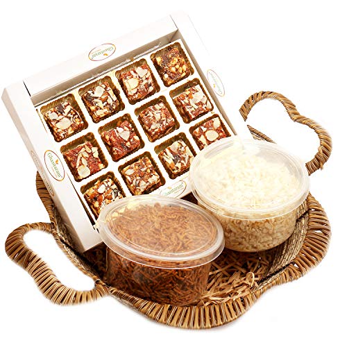 Ghasitaram Gifts Indian Sweets Diwali Gifts Gold Cane Finish Basket of Sugarfree Bites Box, Diet Chiwda and SOYA Sev von Ghasitaram Gifts
