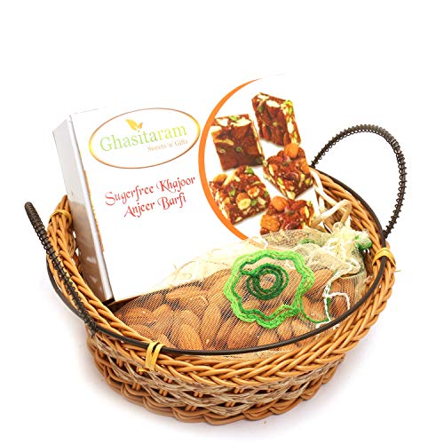 Ghasitaram Gifts Indian Sweets - Diwali Gifts Small Cane Basket with Sugarfree Mix and Almonds Pouch von Ghasitaram Gifts