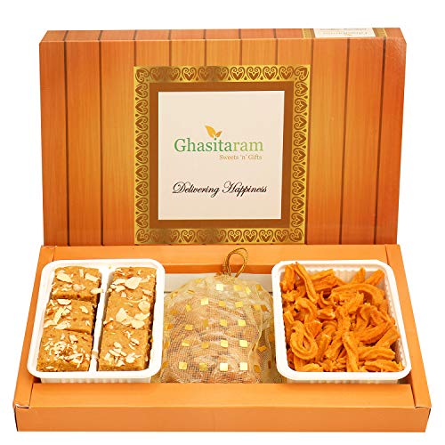 Ghasitaram Gifts Mother's Day Gifts - Hampers- Nani's Spl Besan Barfi , SOYA Sticks and Almonds Pouch Hamper von Ghasitaram Gifts