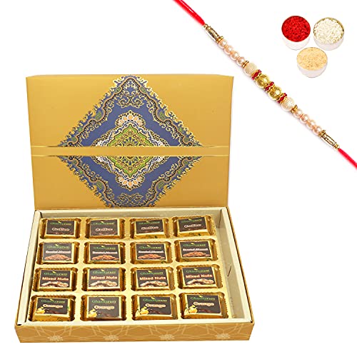 Ghasitaram Gifts Rakhi Gifts for Brothers 16 pcs Assorted Sugafree Chocolates SQ Box with Pearl Rakhi von Ghasitaram Gifts