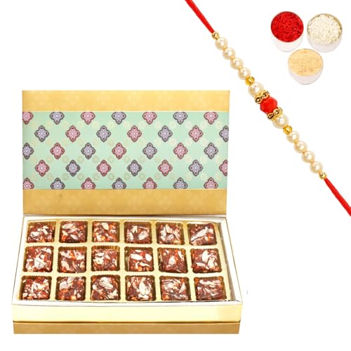 Ghasitaram Gifts Rakhi Gifts for Brothers 5 Part Print 18 Pcs Sugarfree Dates and Figs Bites Box with Beads Rakhi von Ghasitaram Gifts