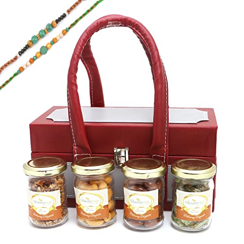 Ghasitaram Gifts Rakhi Gifts for Brothers Apex Wooden Box of Chocolate Almonds, Crunchy Cashews,Paan Raisins and Mukhwas Jars with 2 Green Beads Rakhis von Ghasitaram Gifts