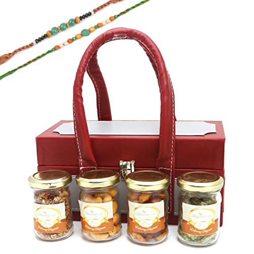 Ghasitaram Gifts Rakhi Gifts for Brothers Apex Wooden Box of Chocolate Almonds, Mix Dryfruit ,Paan Raisins and Mukhwas Jars with 2 Green Beads Rakhis von Ghasitaram Gifts
