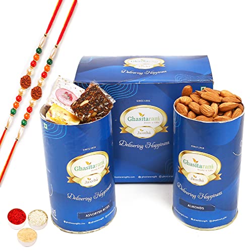 Ghasitaram Gifts Rakhi Gifts for Brothers Assorted Bites and Almond Cans with 2 Rudraksh Rakhis von Ghasitaram Gifts