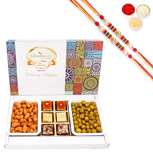 Ghasitaram Gifts Rakhi Gifts for Brothers Assorted Festive Box of Assorted Bites, Crunchy Cashews, Crunchy Peanuts with 2 Pearl Beads Rakhis von Ghasitaram Gifts