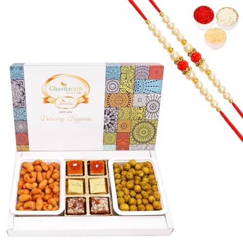 Ghasitaram Gifts Rakhi Gifts for Brothers Assorted Festive Box of Assorted Bites, Crunchy Cashews, Crunchy Peanuts with 2 Pearl Beads Rakhis Ghasitaram Gifts Rakhi Gifts for Brothers Assorted Festive Box of Assorted Bites, Crunchy Cashews, Crunchy Peanuts with 2 Pearl Beads Rakhis von Ghasitaram Gifts