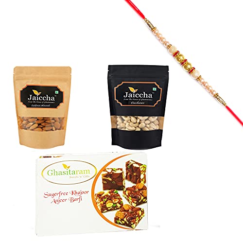 Ghasitaram Gifts Rakhi Gifts for Brothers Best of Almonds, Cashews and Sugarfree Dates and Figs Bites with Pearl Rakhi von Ghasitaram Gifts