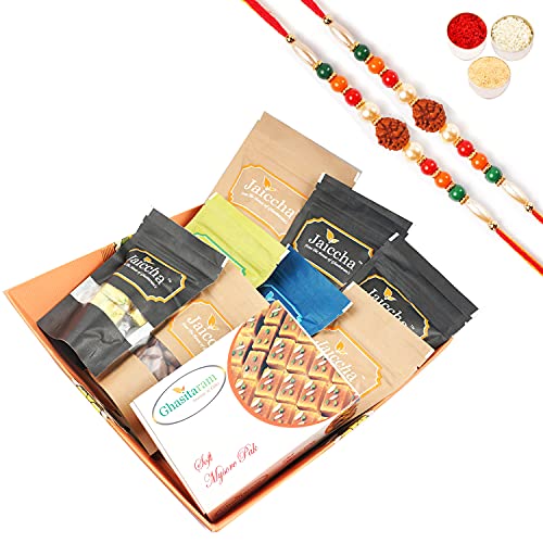 Ghasitaram Gifts Rakhi Gifts for Brothers Big Basket of Best 9 Almonds, Raisins, Banarsi Paan, MEWA Bites,Protein Kaju, Choco Almonds, Butter Chakli, Mango Bites and Mysore Pak with 2 Rudraksh Rakhis von Ghasitaram Gifts