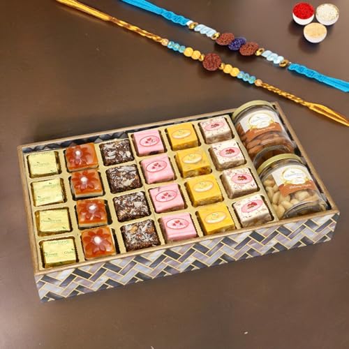 Ghasitaram Gifts Rakhi Gifts for Brothers Big Printed Tray of Assorted Bites, Roasted Cashews and Almonds Jars with 2 Blue Rudraksh Rakhis Ghasitaram Gifts Rakhi Gifts for Brothers Big Printed Tray of Assorted Bites, Roasted Cashews and Almonds Jars with 2 Blue Rudraksh Rakhis von Ghasitaram Gifts