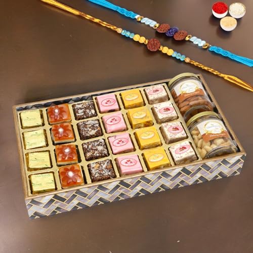 Ghasitaram Gifts Rakhi Gifts for Brothers Big Printed Tray of Assorted Bites, Roasted Cashews and Almonds Jars with 2 Blue Rudraksh Rakhis von Ghasitaram Gifts