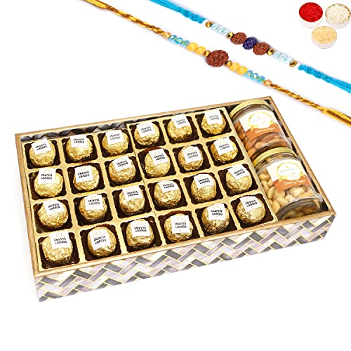 Ghasitaram Gifts Rakhi Gifts for Brothers Big Printed Tray of Channa Laddoos, Roasted Cashews and Almonds Jars with 2 Blue Rudraksh Rakhis von Ghasitaram Gifts