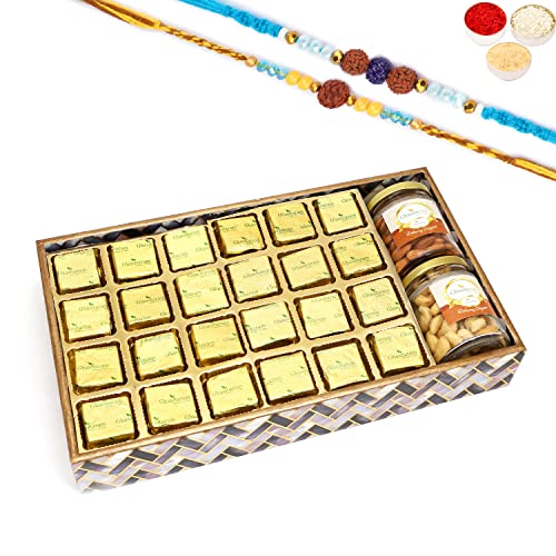 Ghasitaram Gifts Rakhi Gifts for Brothers Big Printed Tray of MEWA Bites, Roasted Cashews and Almonds Jars with 2 Blue Rudraksh Rakhis von Ghasitaram Gifts