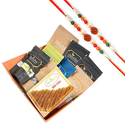 Ghasitaram Gifts Rakhi Gifts for Brothers Big basket of best 9 Almonds,Raisins,Banarsi Paan,Mewa Bites,Crunchy Cashews,Chocolate Almonds,Butter Chakli, Mango Bites and Milk Cake With 2 Rudraksh rakhis Ghasitaram Gifts Rakhi Gifts for Brothers Big basket of best 9 Almonds,Raisins,Banarsi Paan,Mewa Bites,Crunchy Cashews,Chocolate Almonds,Butter Chakli, Mango Bites and Milk Cake With 2 Rudraksh rakhis von Ghasitaram Gifts