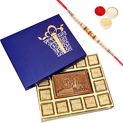 Ghasitaram Gifts Rakhi Gifts for Brothers Blue Happy Rakhi Sugafree Chocolate Box Big with Pearl Rakhi von Ghasitaram Gifts