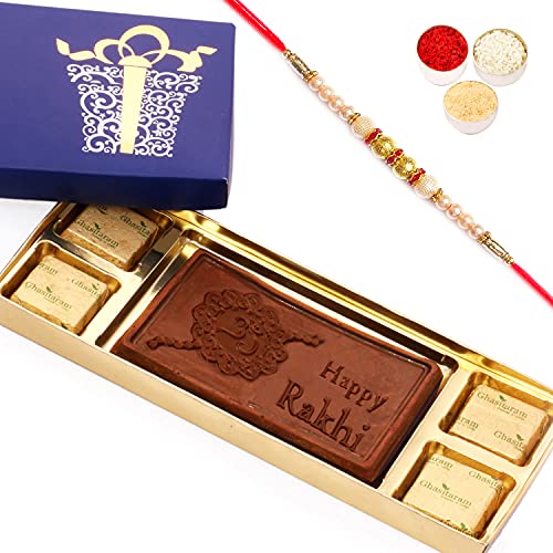 Ghasitaram Gifts Rakhi Gifts for Brothers Blue Happy Rakhi Sugafree Chocolate Box Small with Pearl Rakhi von Ghasitaram Gifts