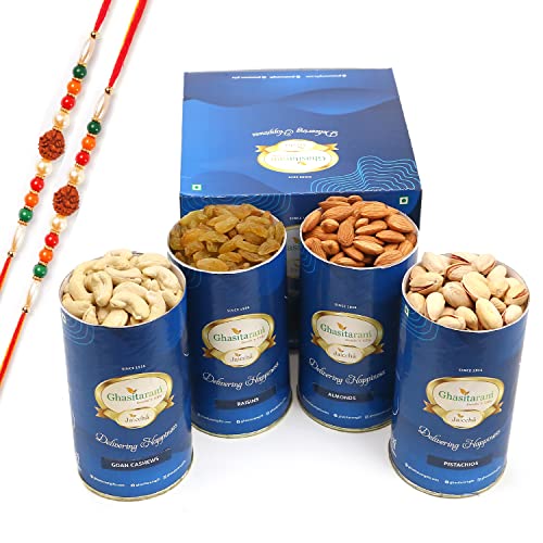 Ghasitaram Gifts Rakhi Gifts for Brothers Cashews, Almonds, Pistachios, Raisins Cans with 2 Rudraksh Rakhis von Ghasitaram Gifts