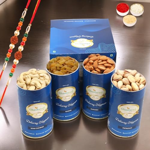 Ghasitaram Gifts Rakhi Gifts for Brothers Cashews, Almonds, Pistachios, Raisins Cans with 2 Rudraksh Rakhis von Ghasitaram Gifts