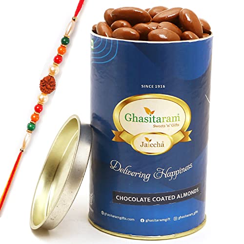 Ghasitaram Gifts Rakhi Gifts for Brothers Chocolate Almonds Can with Rudraksh Rakhi von Ghasitaram Gifts