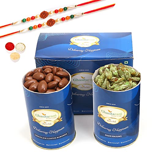 Ghasitaram Gifts Rakhi Gifts for Brothers Chocolate Almonds and Paan Raisins with 2 Rudraksh Rakhis von Ghasitaram Gifts