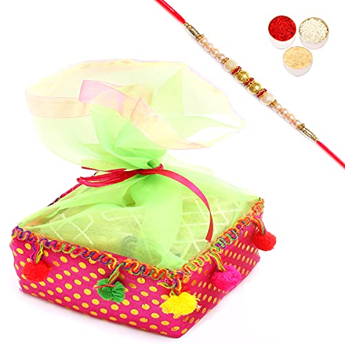 Ghasitaram Gifts Rakhi Gifts for Brothers Colourful Roasted Almond Sugafree Chocolates Pouch with Pearl Rakhi von Ghasitaram Gifts