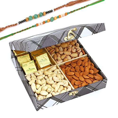 Ghasitaram Gifts Rakhi Gifts for Brothers Cross Check Wooden Dryfruits Box with Chocolates with 2 Green Beads Rakhis von Ghasitaram Gifts
