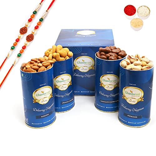 Ghasitaram Gifts Rakhi Gifts for Brothers Crunchy Cashews, Almonds, Pistachios, Chocolate Almonds Cans with 2 Rudraksh Rakhis von Ghasitaram Gifts