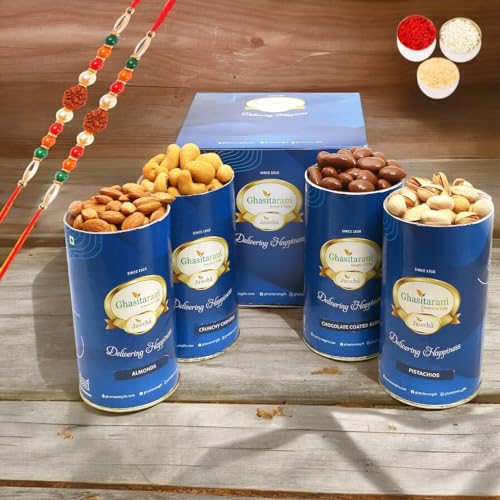 Ghasitaram Gifts Rakhi Gifts for Brothers Crunchy Cashews, Almonds, Pistachios, Chocolate Almonds Cans with 2 Rudraksh Rakhis von Ghasitaram Gifts