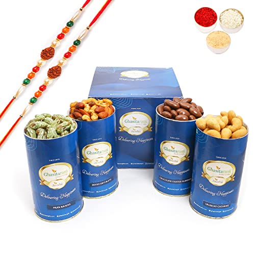 Ghasitaram Gifts Rakhi Gifts for Brothers Crunchy Cashews, Paan Raisins, Mix Dryfruit, Chocolate Almonds Cans with 2 Rudraksh Rakhis von Ghasitaram Gifts