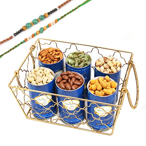 Ghasitaram Gifts Rakhi Gifts for Brothers Designer Metal Basket of 4 Cans and Kaju Katli with 2 Green Beads Rakhis von Ghasitaram Gifts