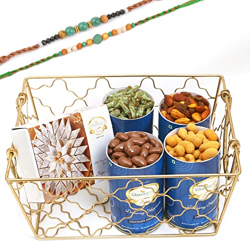 Ghasitaram Gifts Rakhi Gifts for Brothers Designer Metal Basket of 4 Cans and Kaju Katli with 2 Green Beads Rakhis Ghasitaram Gifts Rakhi Gifts for Brothers Designer Metal Basket of 4 Cans and Kaju Katli with 2 Green Beads Rakhis von Ghasitaram Gifts